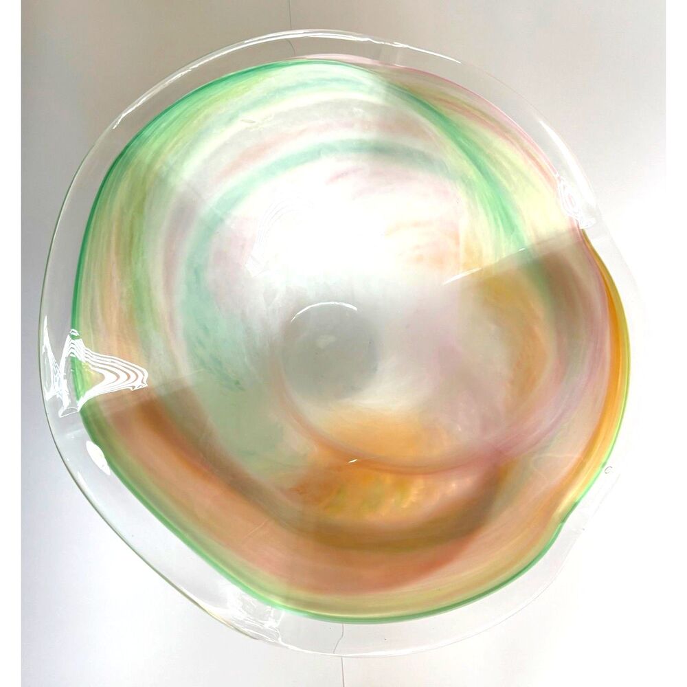VTG Hand Blown Art Glass Bowl Pastel Swirl Ruffled Edge Murano Style 12”